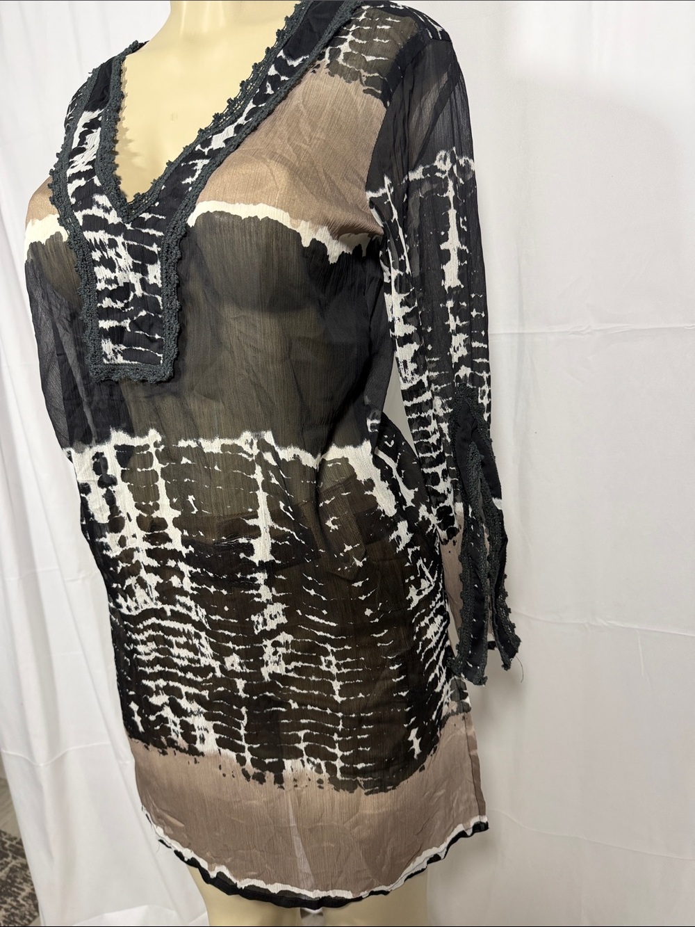 Sheer Tie-Dye Tunic Dress in Black, White & Taupe - Picture 3 of 6
